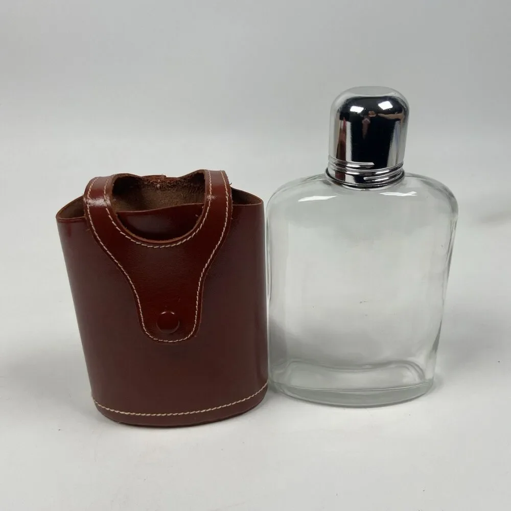 Vintage Glass Hip Flask With Leather Case And Silver Tone Hardware